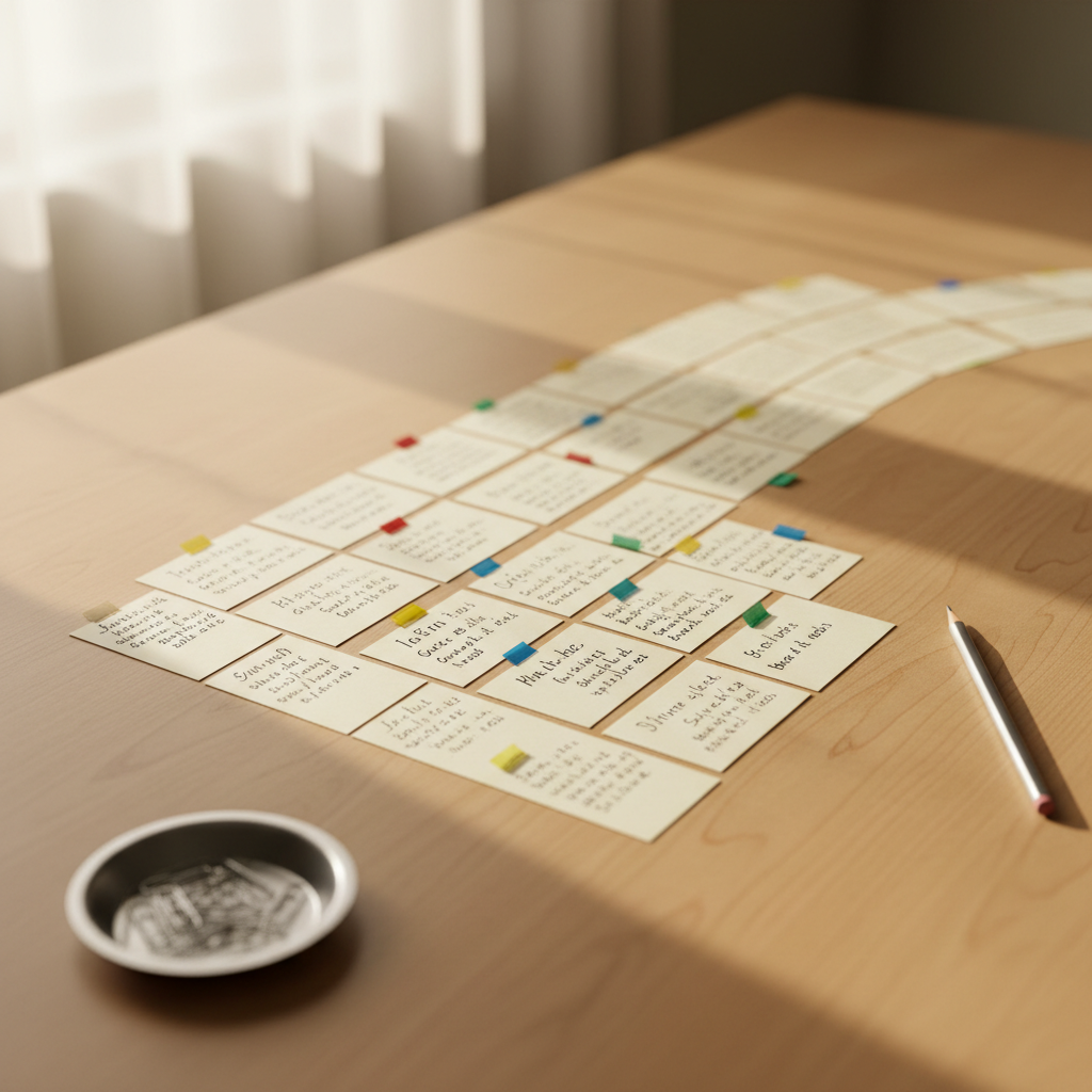 An assortment of neatly arranged index cards covers part of a smooth, light maple tabletop, each card bearing small, tidy handwritten notes for scenes and plot points. Color-coded adhesive tabs mark major story beats along a curved line of cards leading into the soft blur of the background. Beside them, a slim graphite pencil with a clean eraser lies parallel to the table’s edge, and a small metal paperclip dish anchors the corner. Indirect afternoon sunlight from a nearby window creates a gentle gradient of light across the scene, with minimal shadows. Photographic realism with a professional, organized aesthetic, captured from a top-down perspective, conveys methodical story planning and practical writing structure.