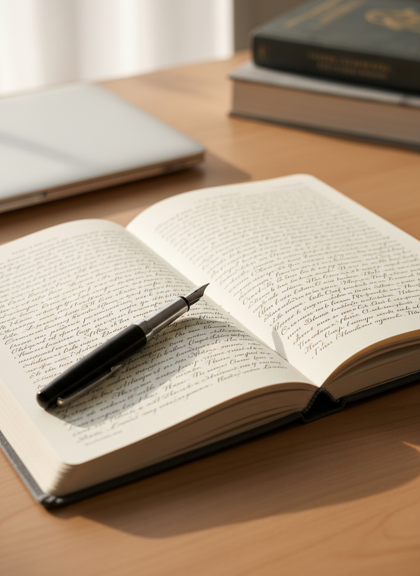 A hardcover writer’s notebook with a dark charcoal linen cover lies open on a tidy wooden desk, its creamy, unlined pages filled with neat, flowing ink. A high-quality fountain pen with a matte black barrel and silver nib rests diagonally across the margin. In the background, a closed laptop and a neatly stacked pair of reference books are softly blurred. Late-morning natural light filters in from an unseen window to the left, creating gentle highlights on the pen and subtle shadows along the page’s texture. Photographic realism with a professional, clean aesthetic, shot at eye level with a shallow depth of field, conveys a calm, focused atmosphere of disciplined creative writing practice.