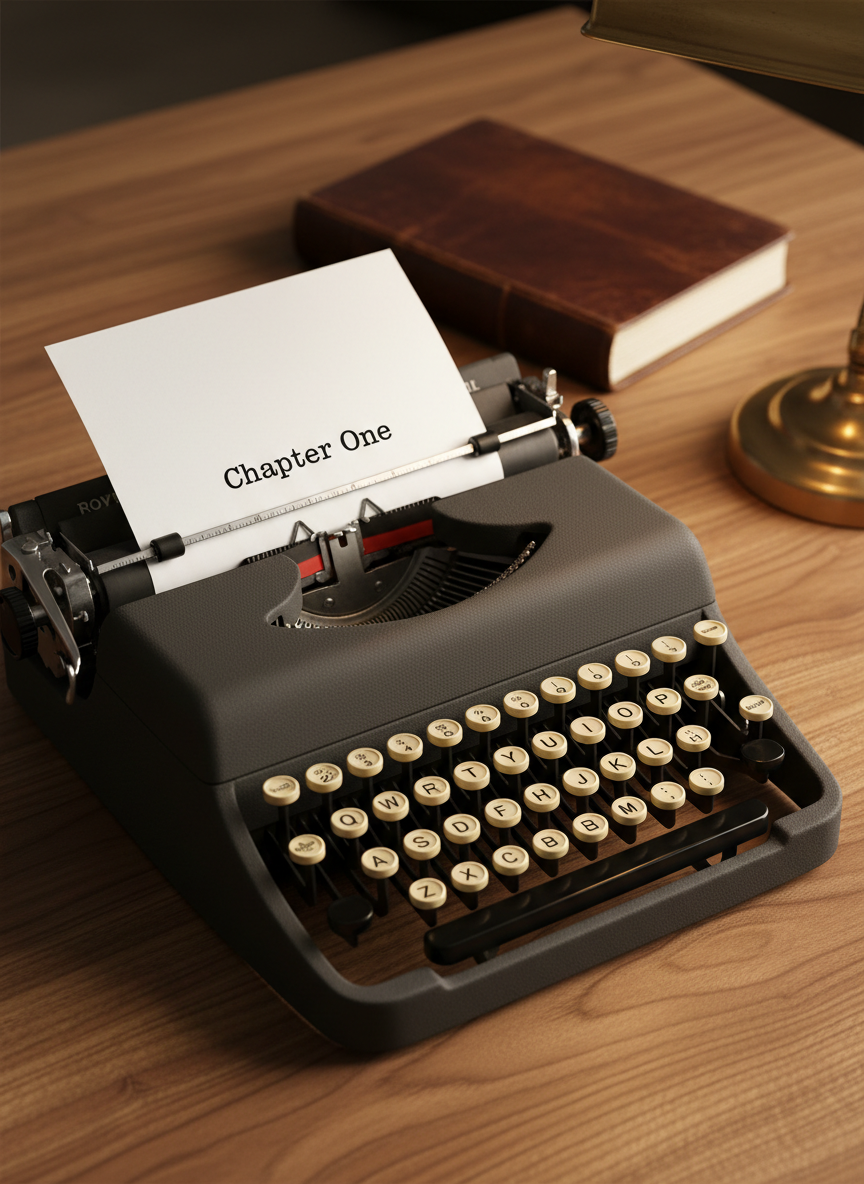 A close-up of a vintage typewriter in impeccable condition, its matte black metal body and round, cream-colored keys sharply in focus. A fresh sheet of bright white paper is rolled into the carriage, showing only the typed title “Chapter One” in crisp black ink at the top center. The typewriter sits on a well-kept walnut desk with subtle grain, accompanied by a single closed leather-bound journal in the blurred background. Warm, directional desk-lamp lighting from the right casts defined but soft-edged shadows across the keys, enhancing texture. Photographic realism with a classic, professional mood, shot at a three-quarter angle with shallow depth of field, evokes disciplined storytelling and the beginning of a new narrative.